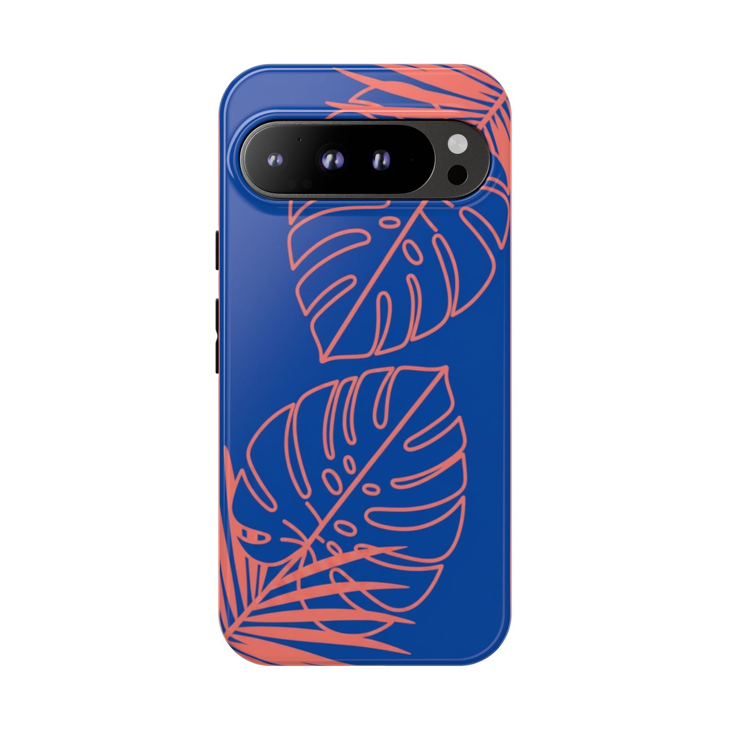 Tropical Monstera Phone Case — Blue & Coral Leaf Protective Cover
