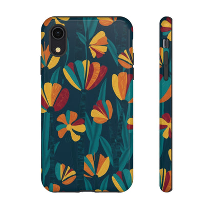 Floral Retro Teal Tough Phone Case — Vibrant Orange & Mustard Blooms