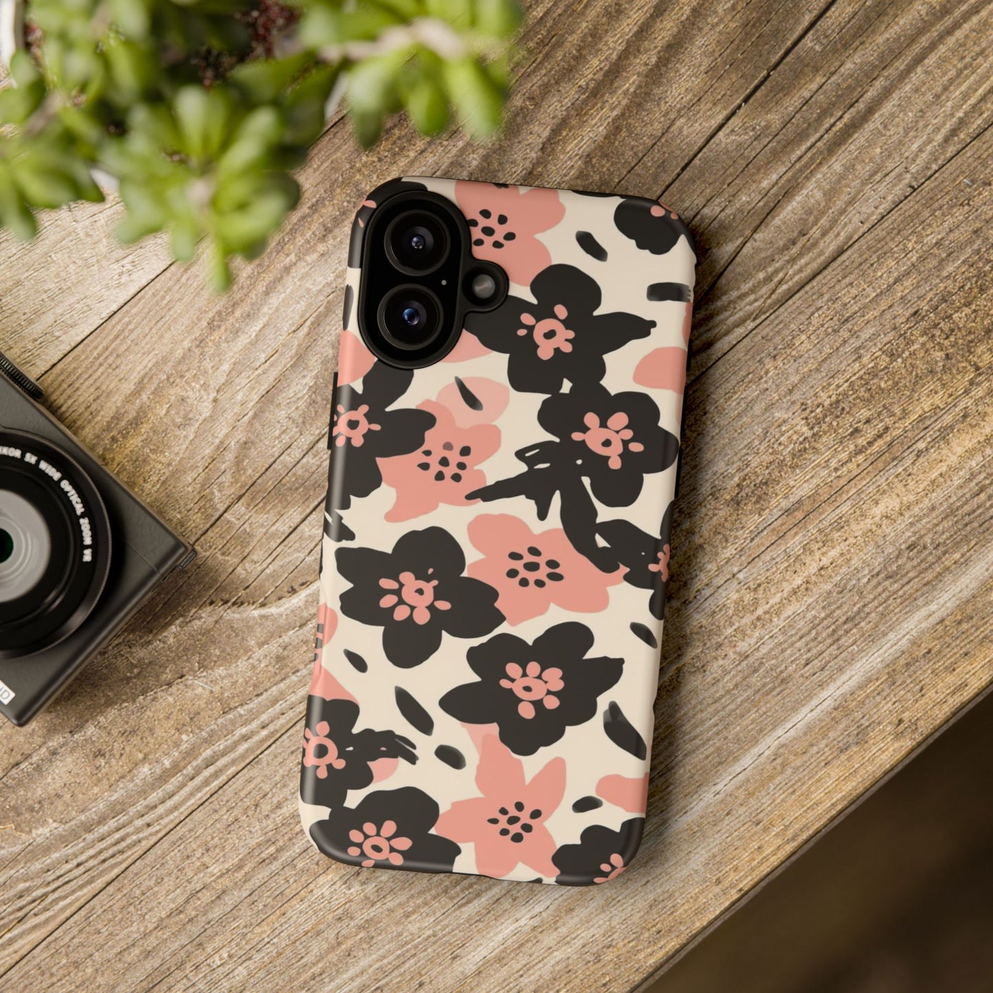 Floral Phone Case — Pink & Black Retro Blossom Protective Cover