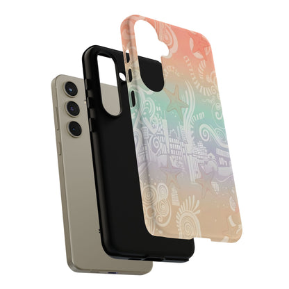 Tough Cases: Pastel Beach Pattern Phone Case — Starfish & Coastal Cityscape Protective Cover