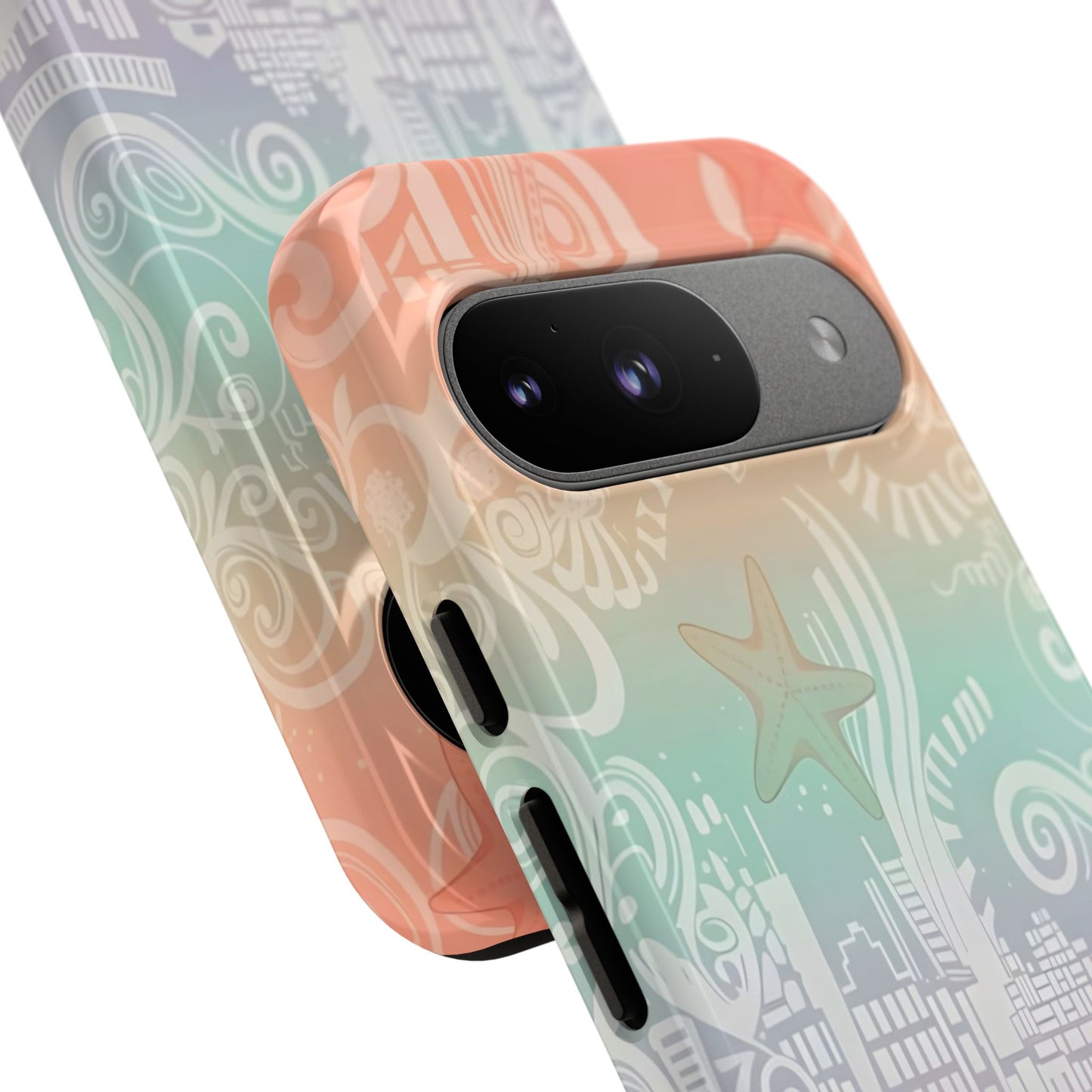 Tough Cases: Pastel Beach Pattern Phone Case — Starfish & Coastal Cityscape Protective Cover