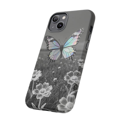 Butterfly Field Tough Phone Case — Pastel Holographic Butterfly on Black & White Floral Background