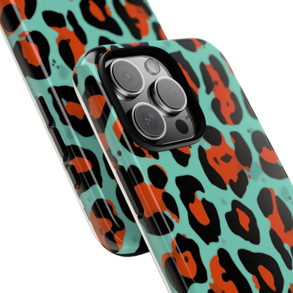 Leopard Print Tough Phone Case — Teal & Rust Protective iPhone Cover
