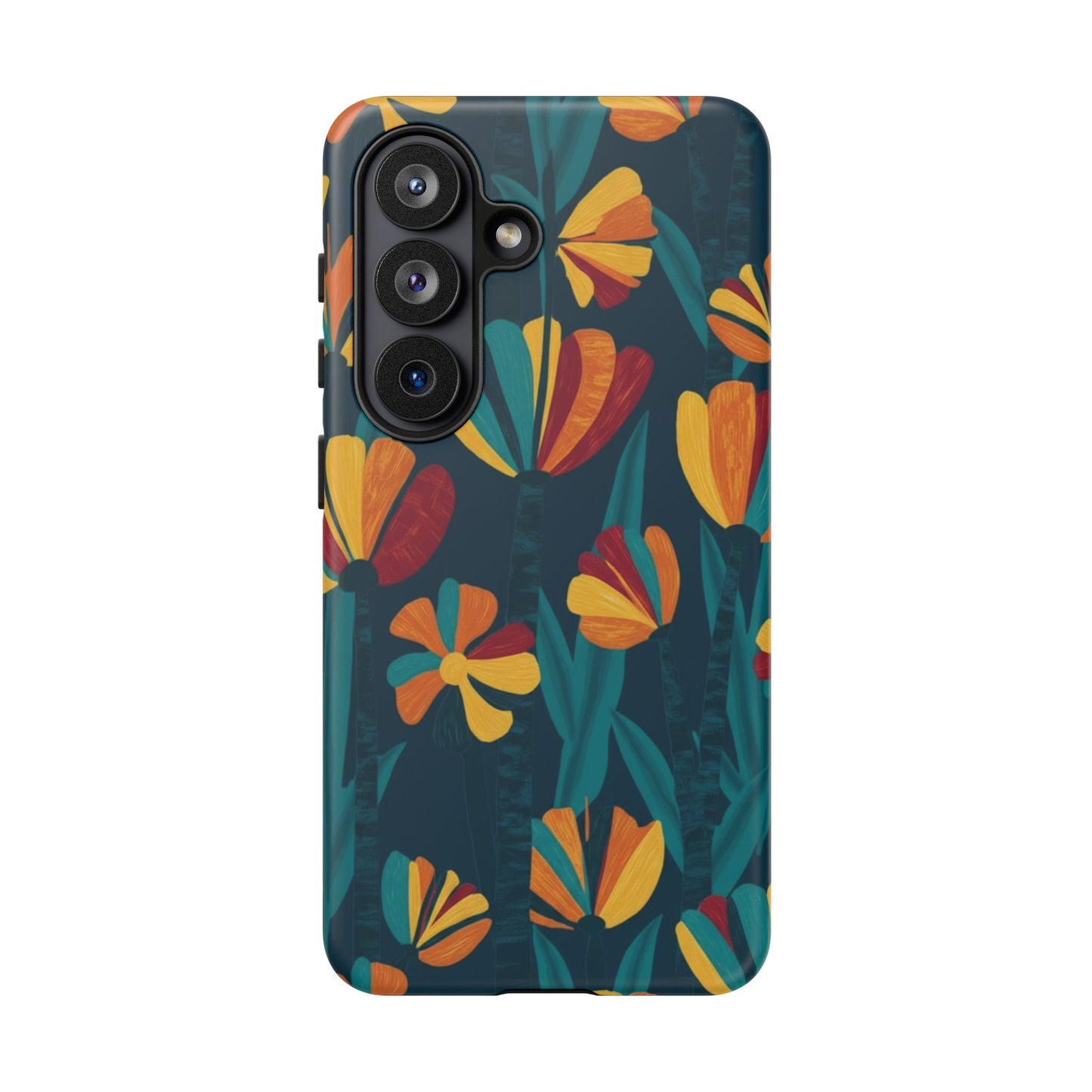 Floral Retro Teal Tough Phone Case — Vibrant Orange & Mustard Blooms