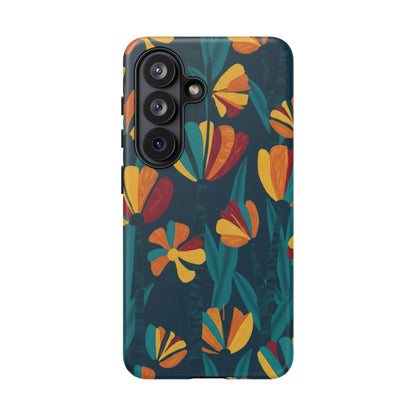 Floral Retro Teal Tough Phone Case — Vibrant Orange & Mustard Blooms