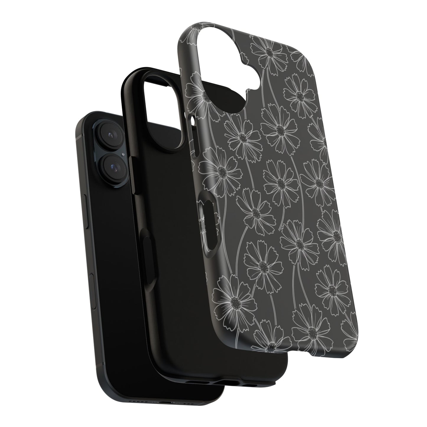 Floral Doodle Tough Phone Case — Black & Gray Daisy Pattern