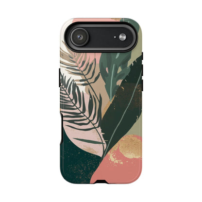 Tropical Leaf Tough Phone Case — Abstract Pink & Green Botanical Protective Cover