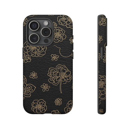 Floral Leather-Texture Tough Case – Black Gold Outline Phone Cover