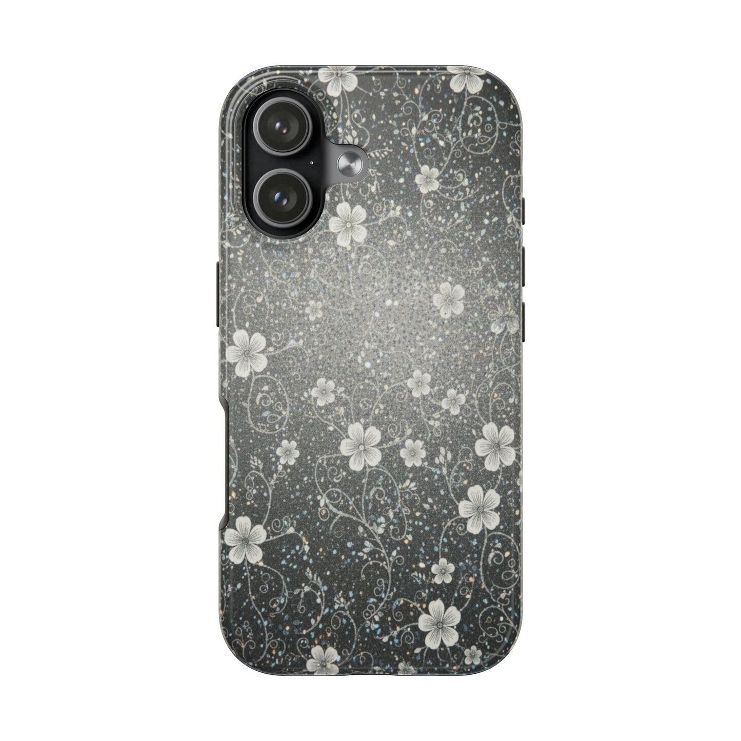 Floral Sparkle Tough Phone Case — Black & Silver Vintage Blossom