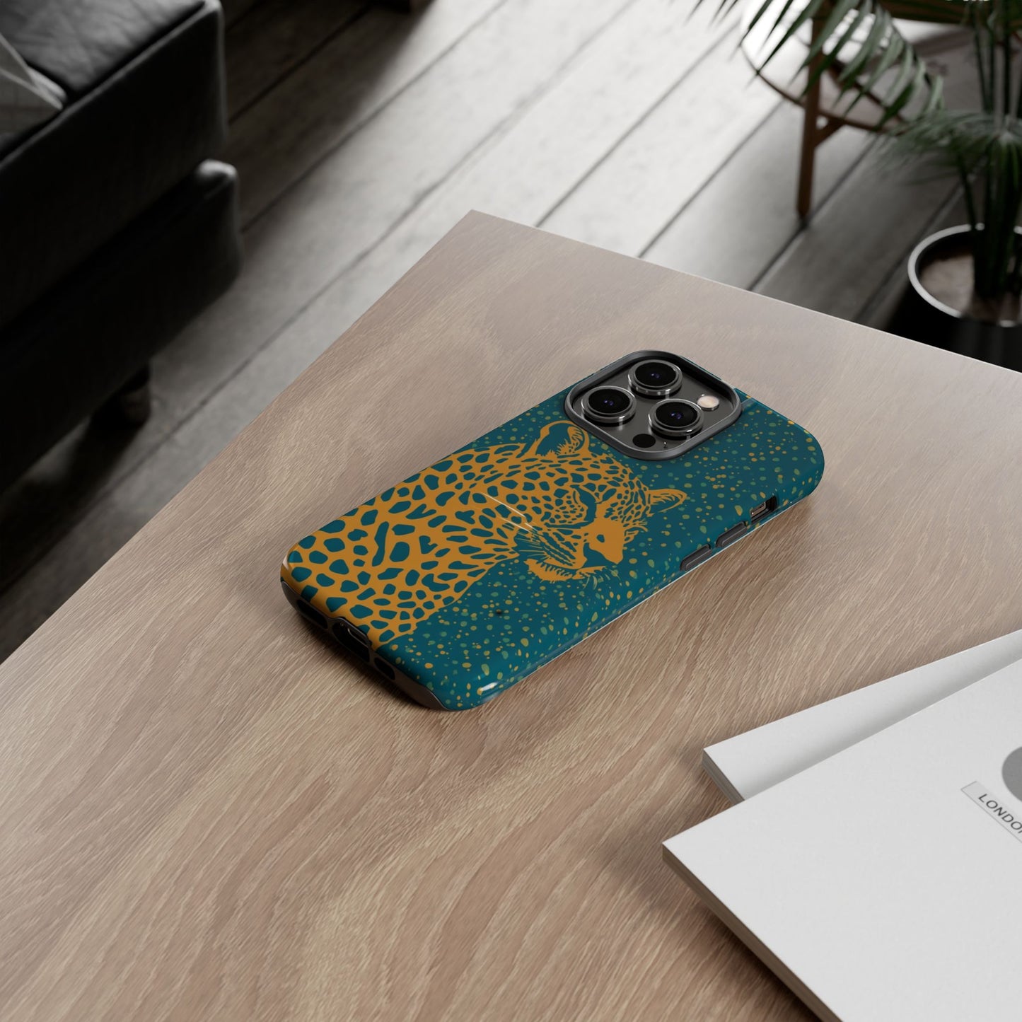 Leopard Spotlight Phone Case — Teal Gold Animal Print Protective Cover