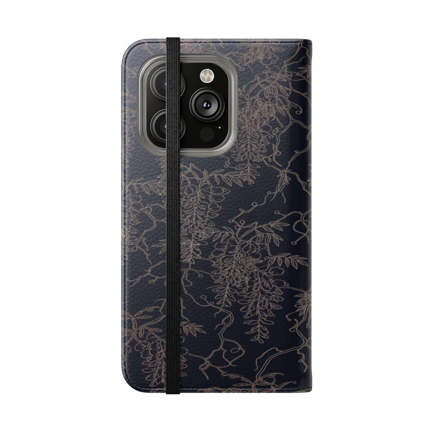 Botanical Noir Flip Phone Case — Dark Floral Wallet Cover with Card Slots