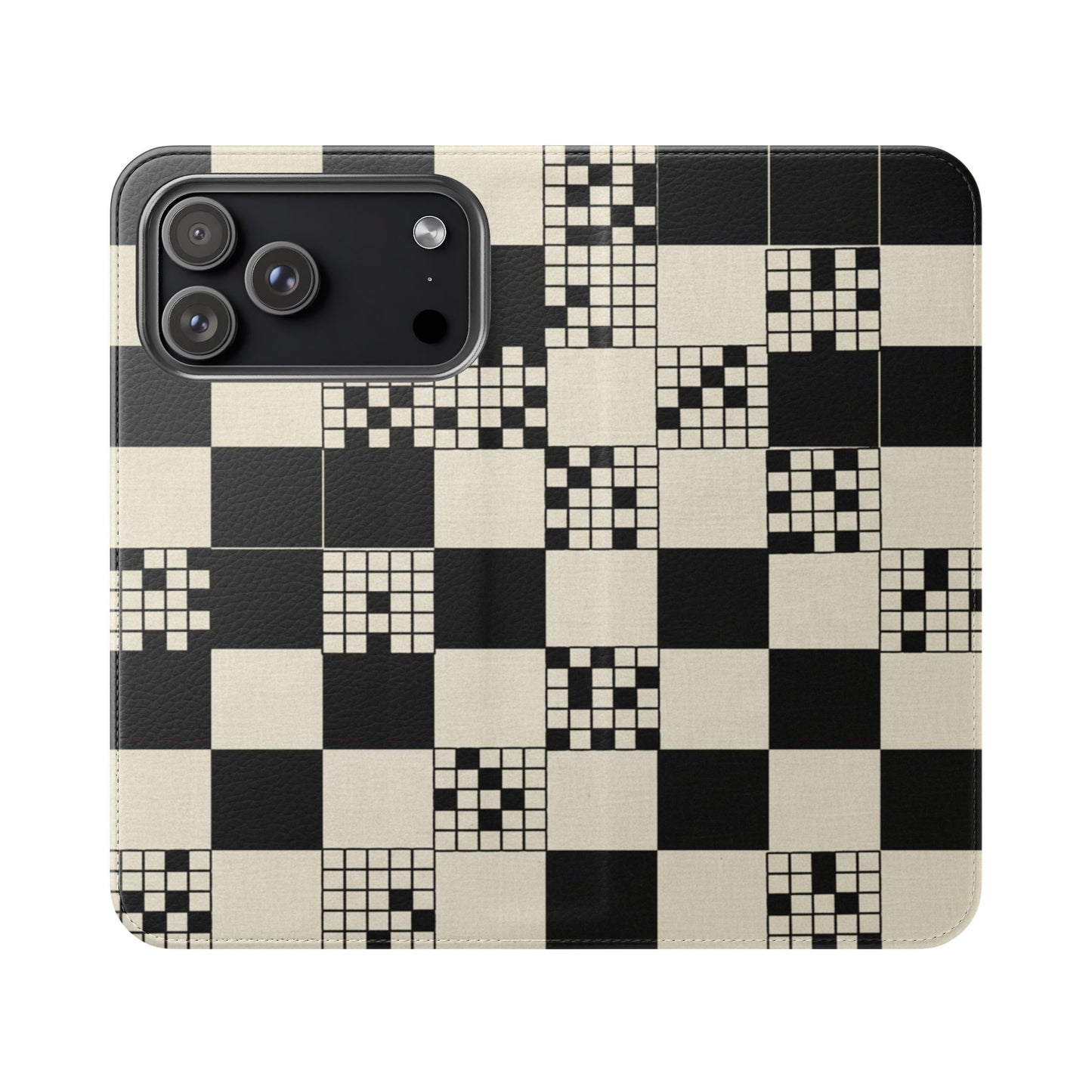 Checkerboard Flip Phone Case – Retro Black & Cream Geometric Wallet Case