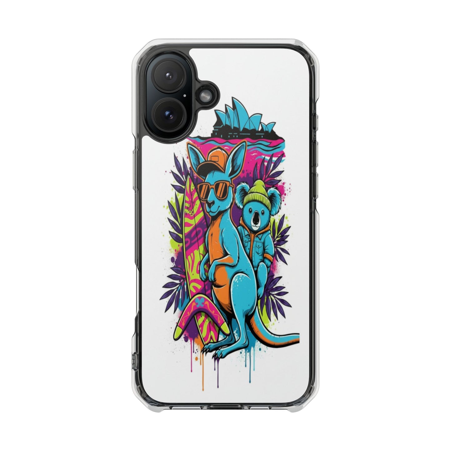 Clear Magnetic Phone Case — Colorful Surfing Kangaroo & Koala Art