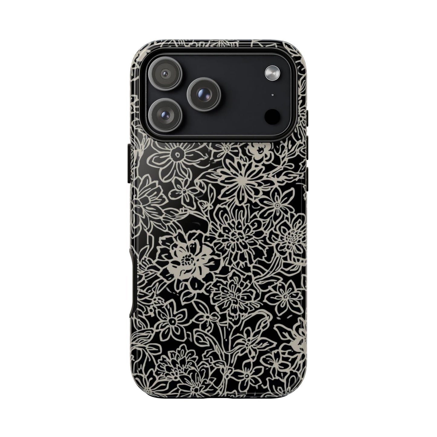 Floral Doodle Tough Phone Case — Black & White Sketch Flower Protective Cover