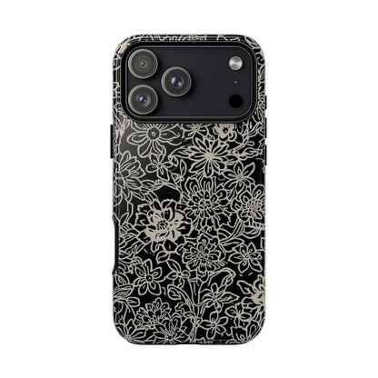 Floral Doodle Tough Phone Case — Black & White Sketch Flower Protective Cover