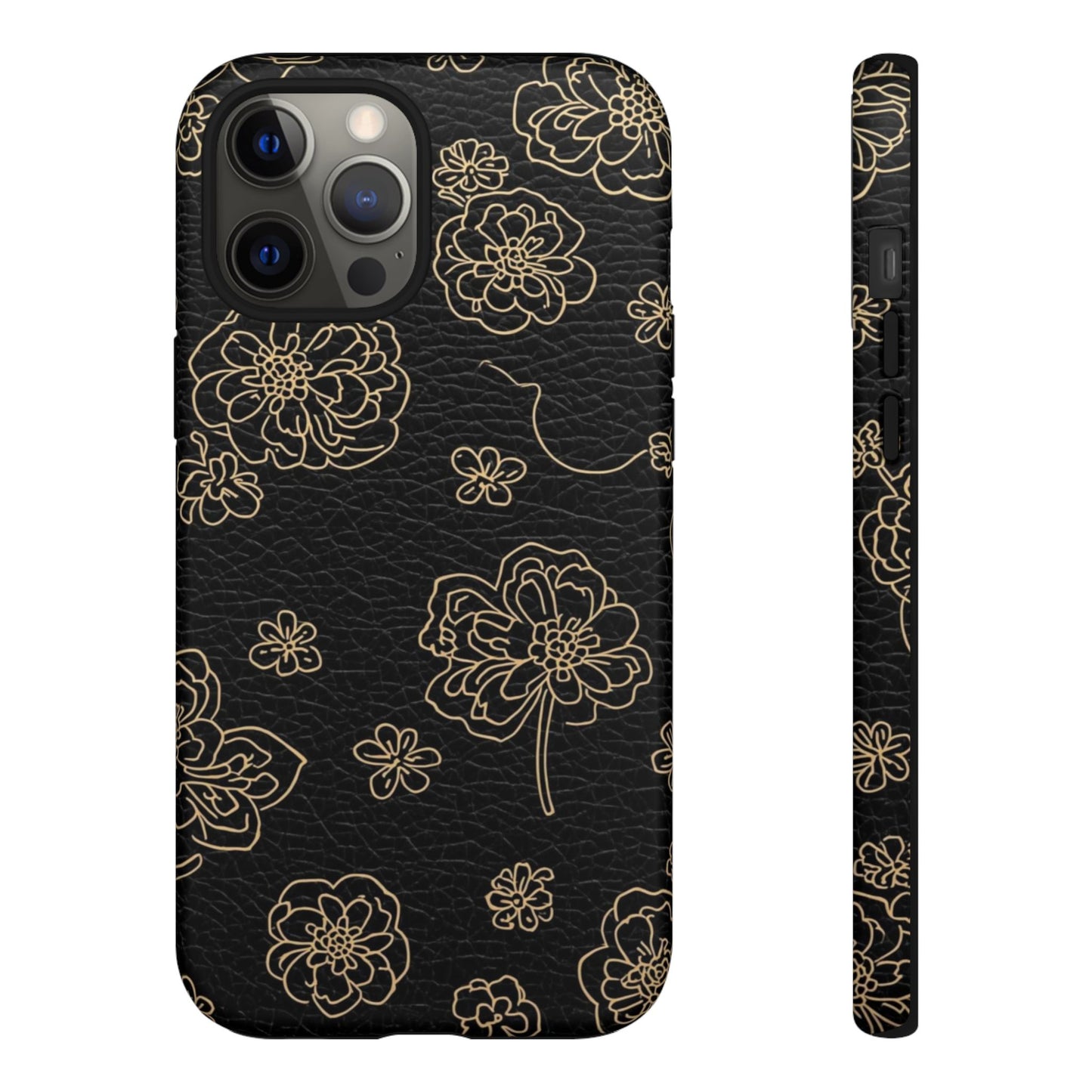 Floral Leather-Texture Tough Case – Black Gold Outline Phone Cover