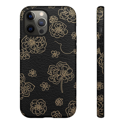 Floral Leather-Texture Tough Case – Black Gold Outline Phone Cover