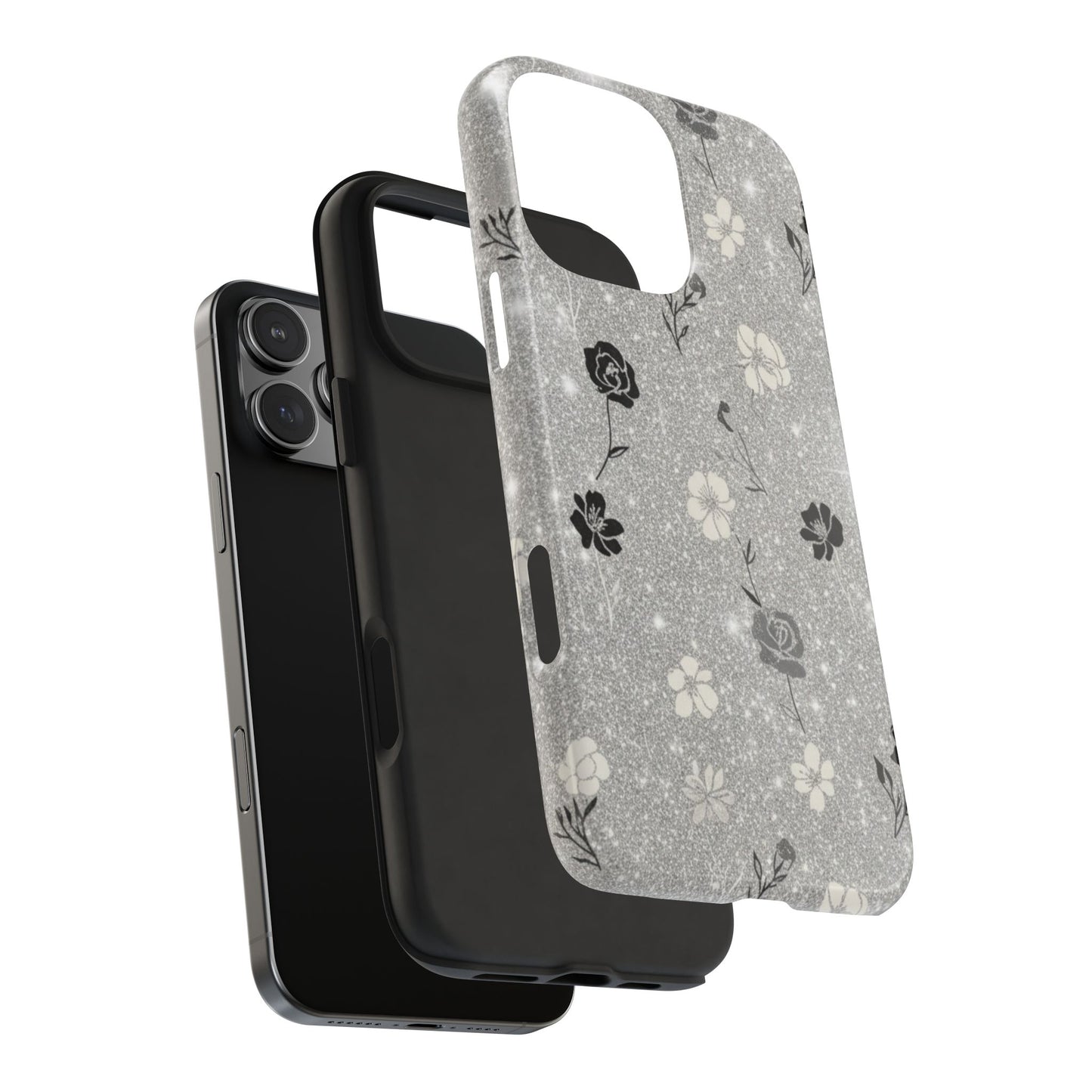 Floral Glitter Tough Phone Case — Black & Silver Vintage Flower Protective Cover
