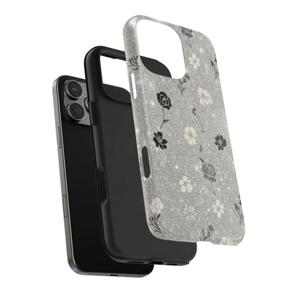 Floral Glitter Tough Phone Case — Black & Silver Vintage Flower Protective Cover