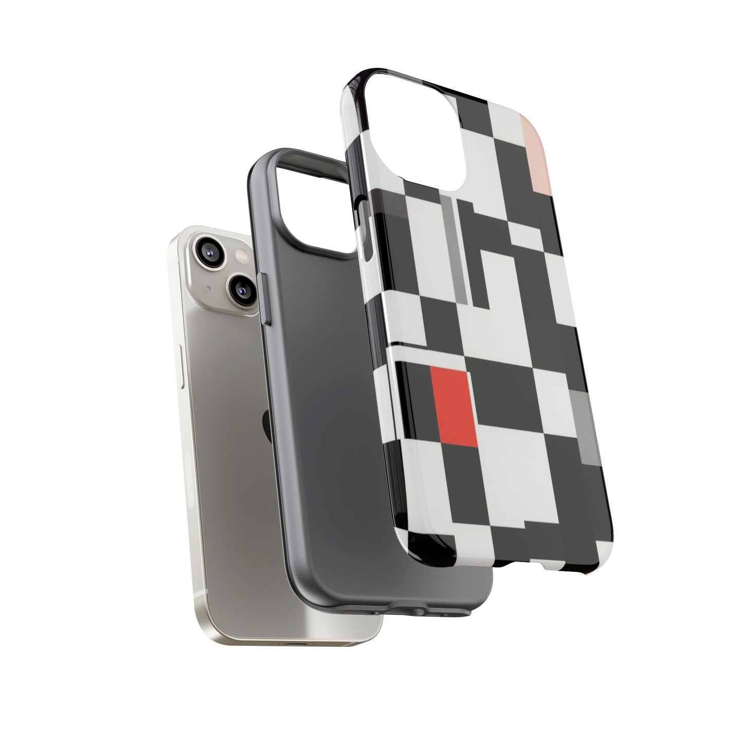 Abstract Geometric Phone Case – Black & White Checker Grid with Red Accent