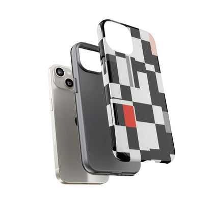 Abstract Geometric Phone Case – Black & White Checker Grid with Red Accent