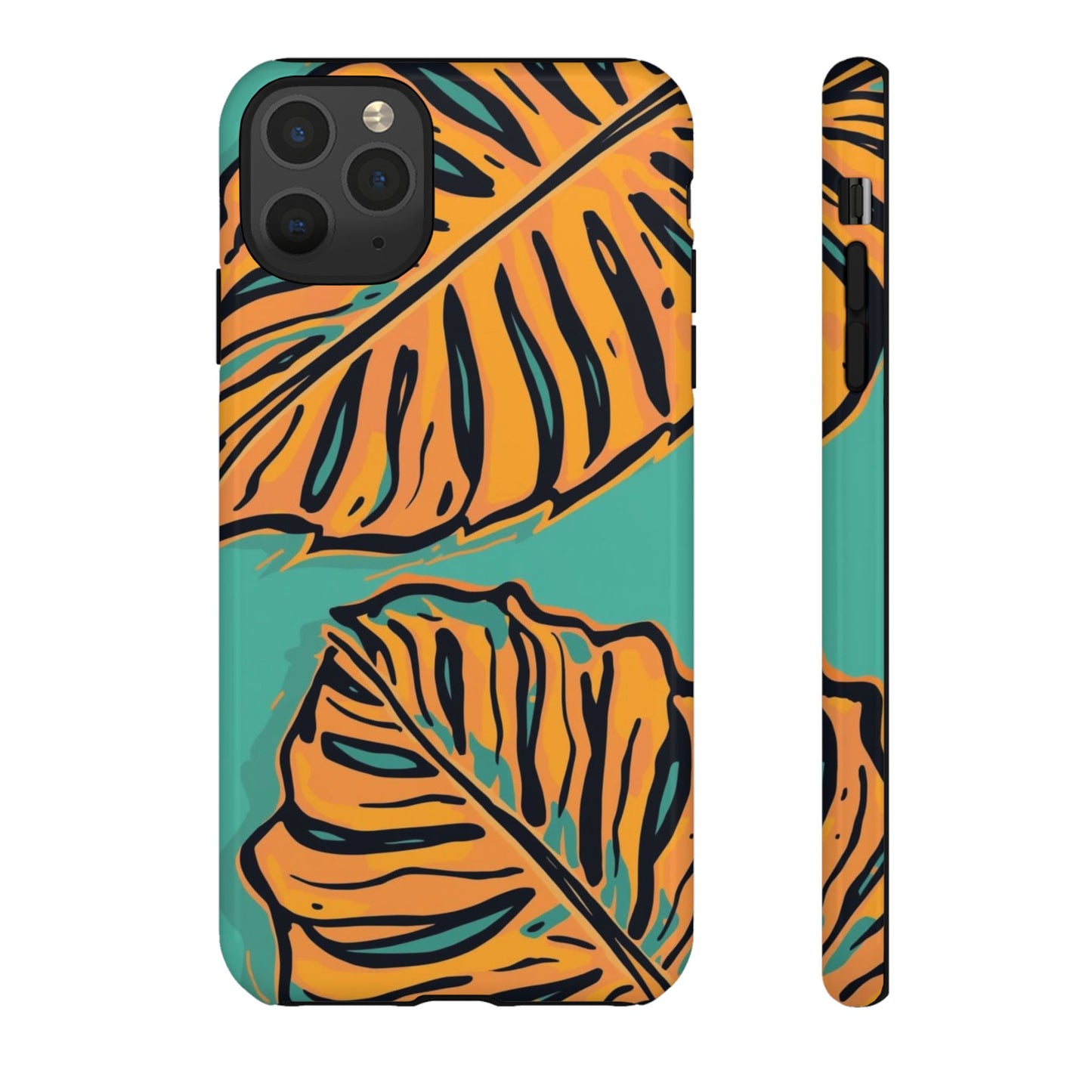 Tropical Leaf Tough Phone Case — Orange Monstera Design on Teal
