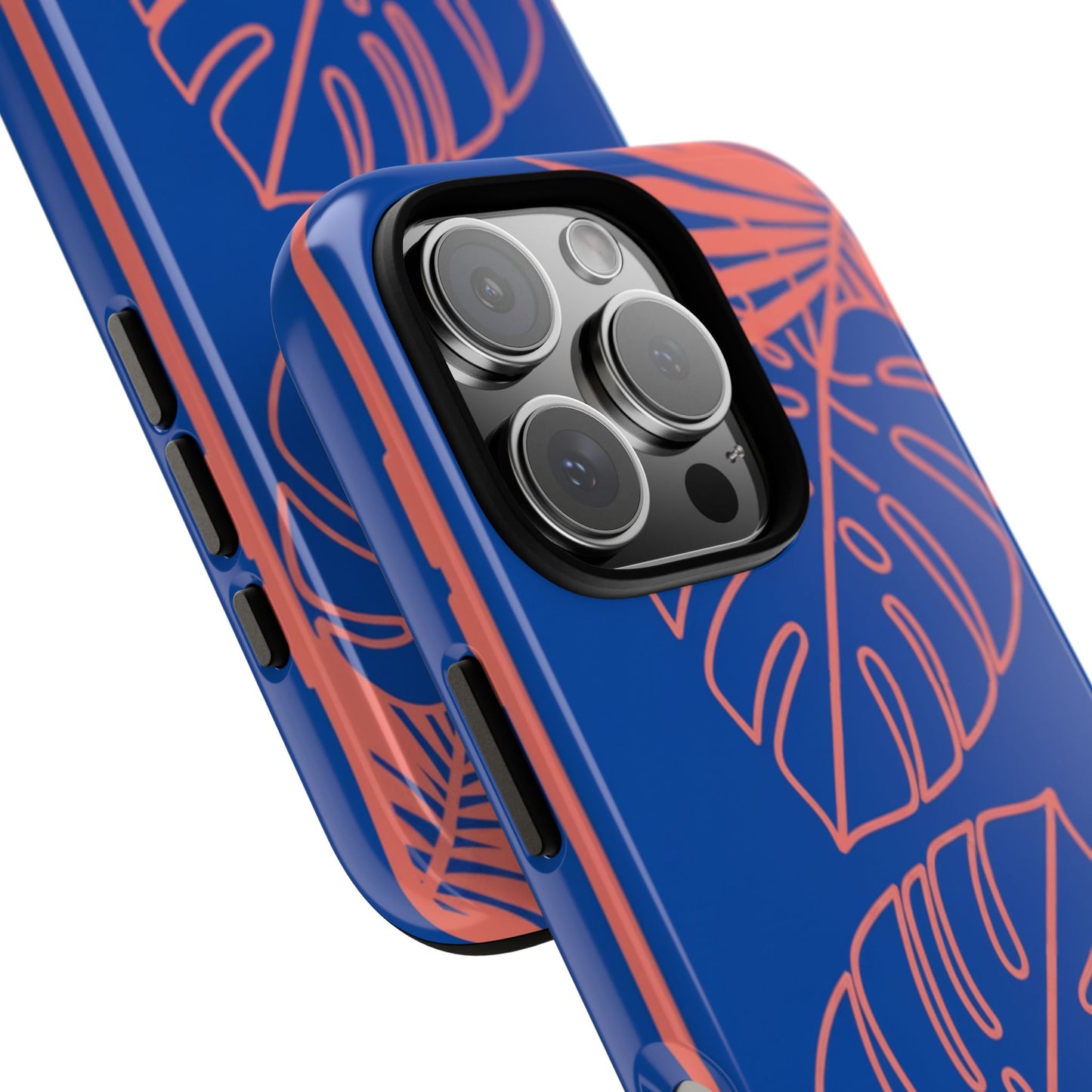 Tropical Monstera Phone Case — Blue & Coral Leaf Protective Cover