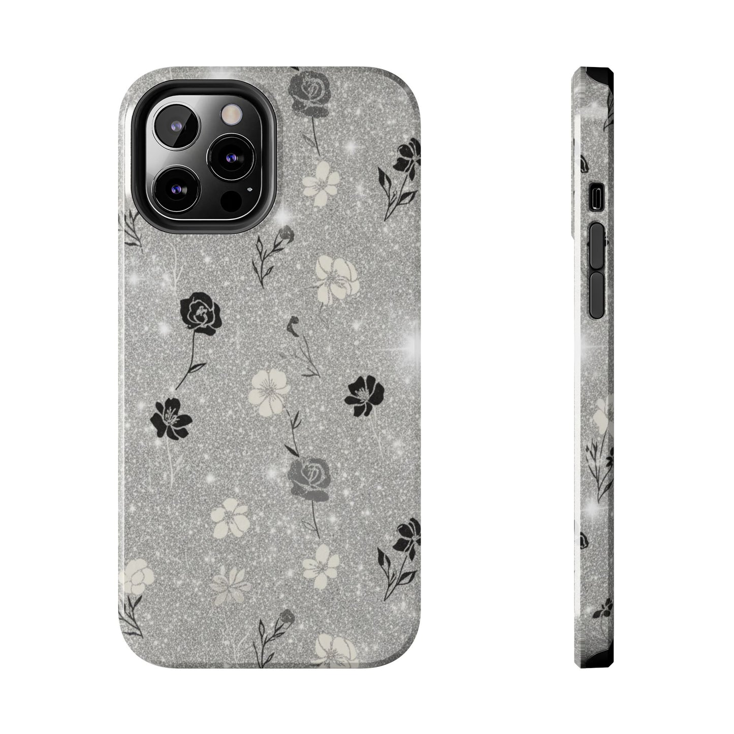 Floral Glitter Tough Phone Case — Black & Silver Vintage Flower Protective Cover