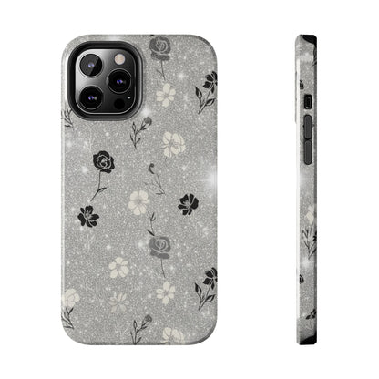 Floral Glitter Tough Phone Case — Black & Silver Vintage Flower Protective Cover