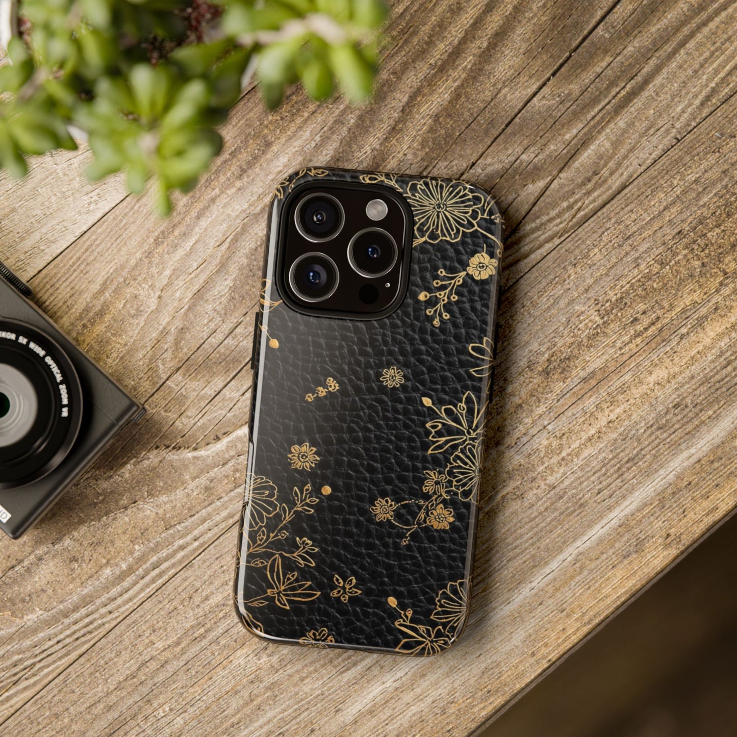 Floral Gold Foil Leather Texture Tough Phone Case