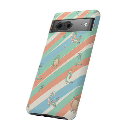 Retro Beach Stripes Phone Case — Sun, Waves & Palm Pattern Tough Case