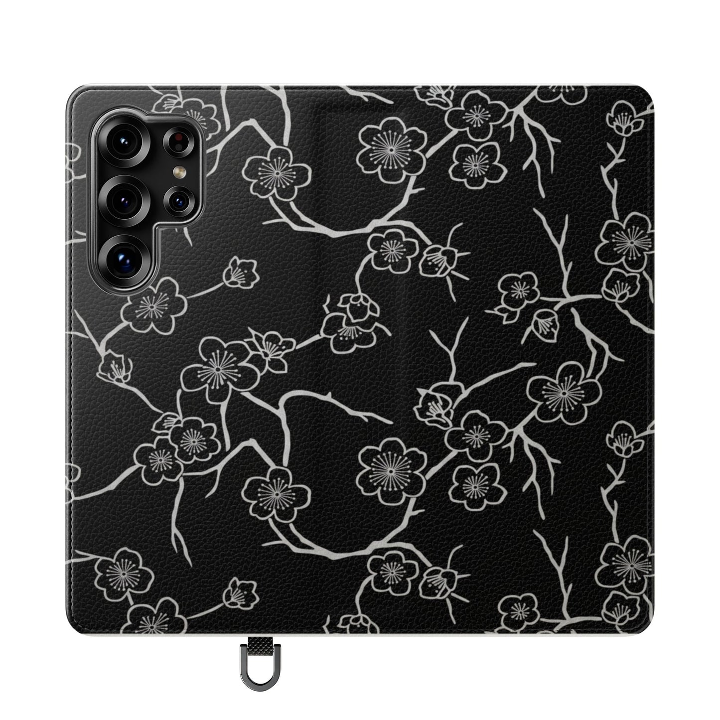 Black Cherry Blossom Flip Phone Case – Floral Wallet Flip Case with Card Slots