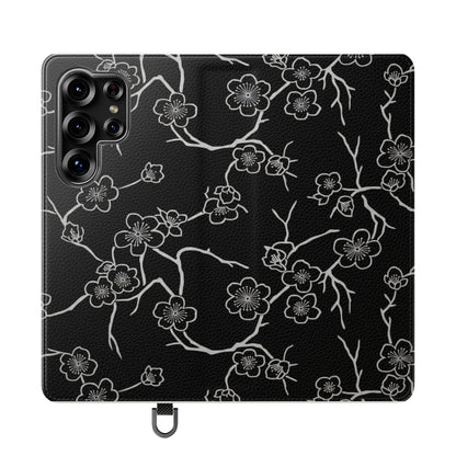 Black Cherry Blossom Flip Phone Case – Floral Wallet Flip Case with Card Slots