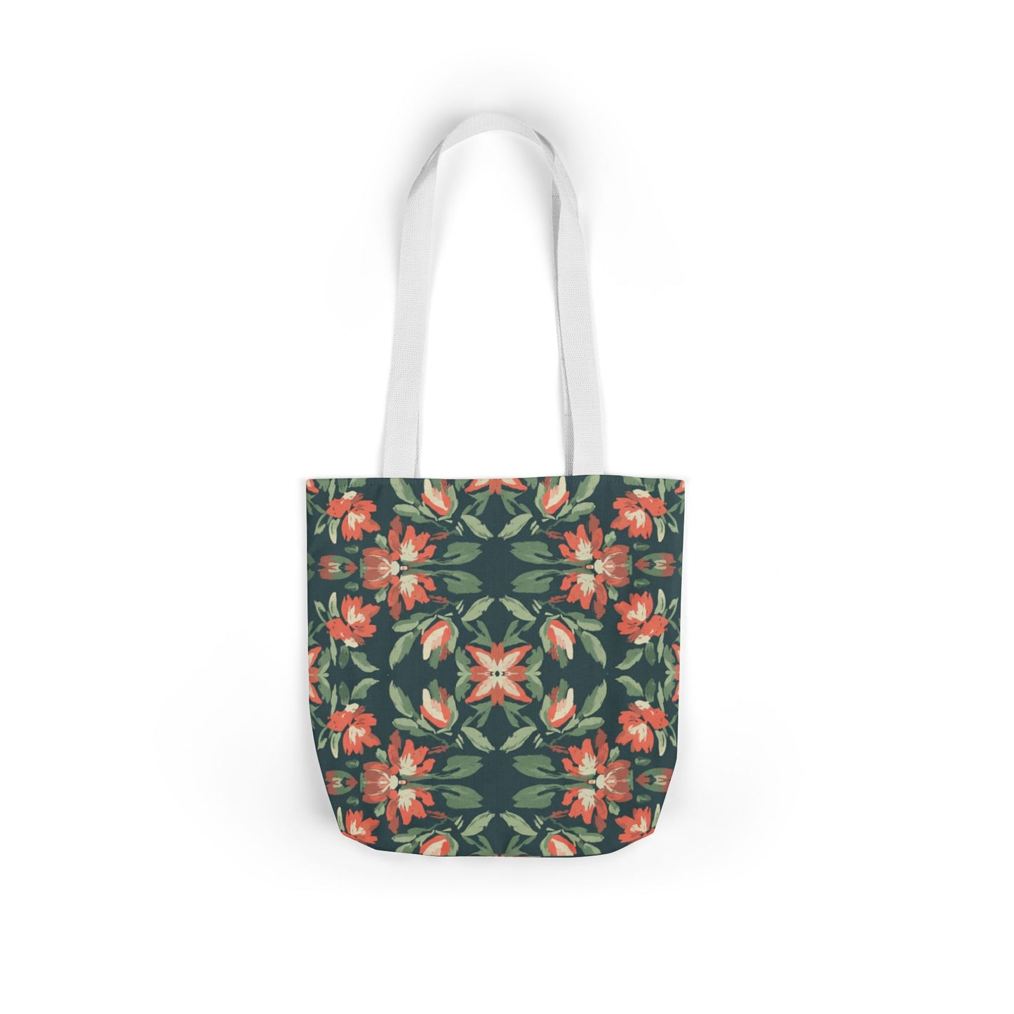 Floral Kaleidoscope Canvas Tote Bag — Green & Coral Patterned Market Tote