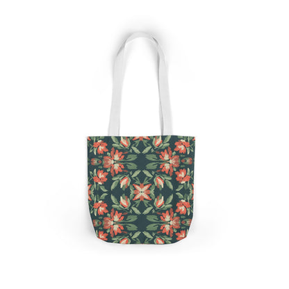 Floral Kaleidoscope Canvas Tote Bag — Green & Coral Patterned Market Tote