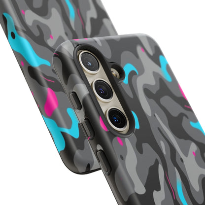 Camouflage Phone Case — Gray Camo with Neon Pink & Cyan Accent Tough Protective Cover