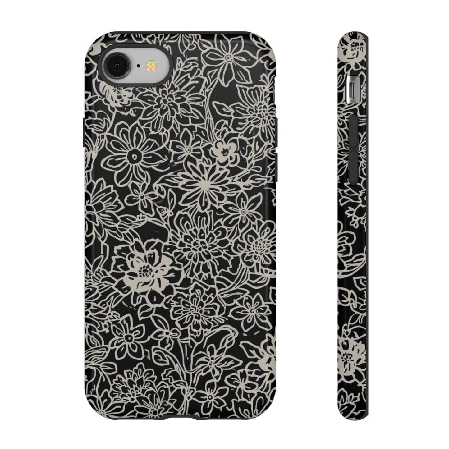 Floral Doodle Tough Phone Case — Black & White Sketch Flower Protective Cover