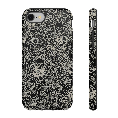 Floral Doodle Tough Phone Case — Black & White Sketch Flower Protective Cover