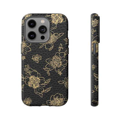 Floral Leather Phone Case — Gold Outline Flowers on Black Tough Case