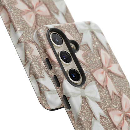 Glitter Bow Tough Phone Case — Pink & White Ribbon Protective Cover