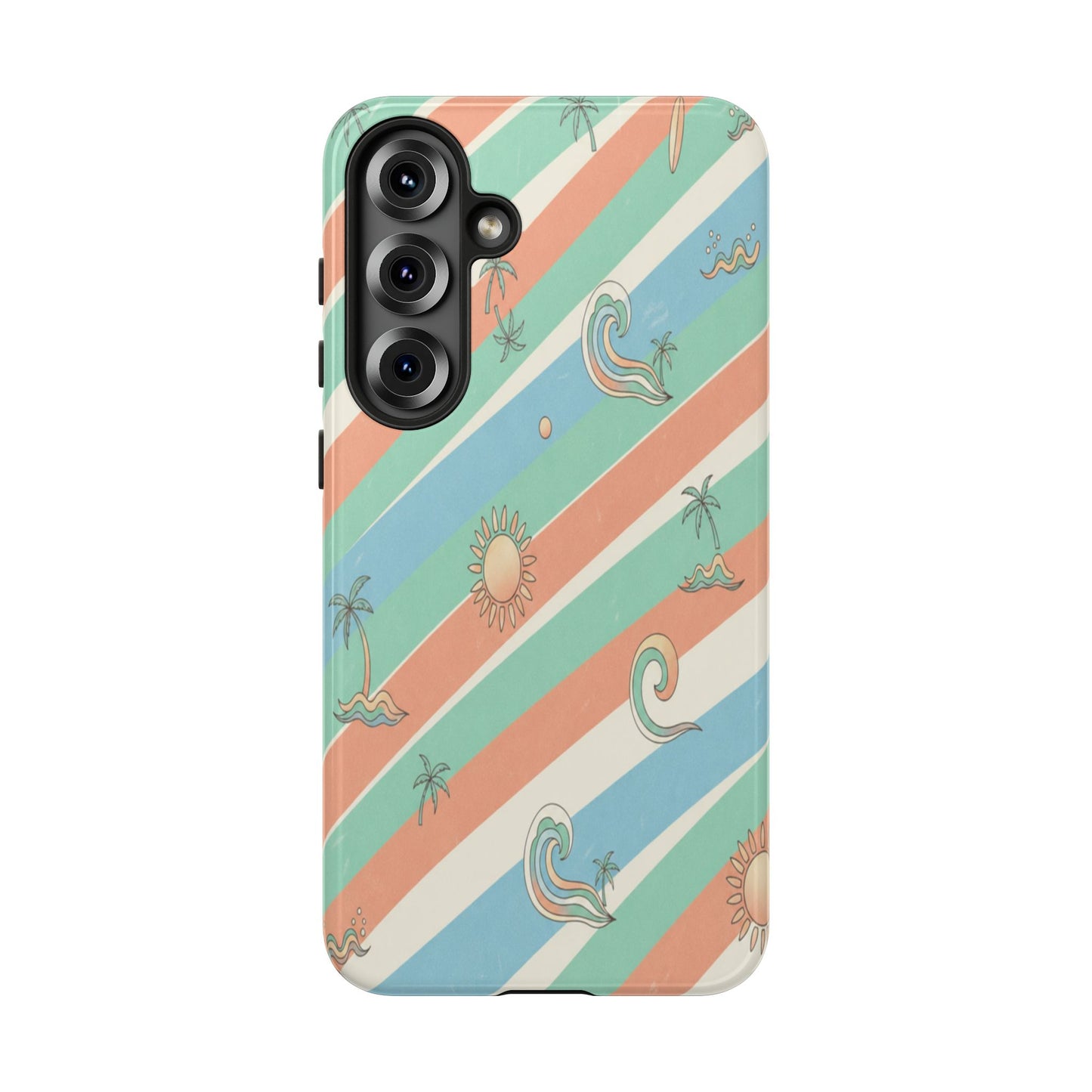 Retro Beach Stripes Phone Case — Sun, Waves & Palm Pattern Tough Case