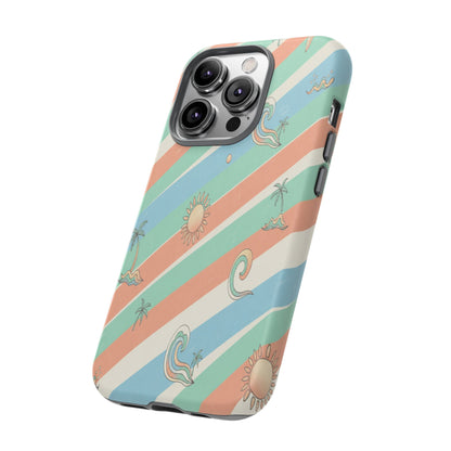 Retro Beach Stripes Phone Case — Sun, Waves & Palm Pattern Tough Case