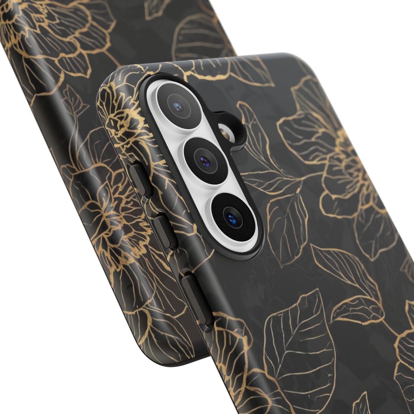 Floral Gold Outline Tough Phone Case – Black Botanical Protective Cover