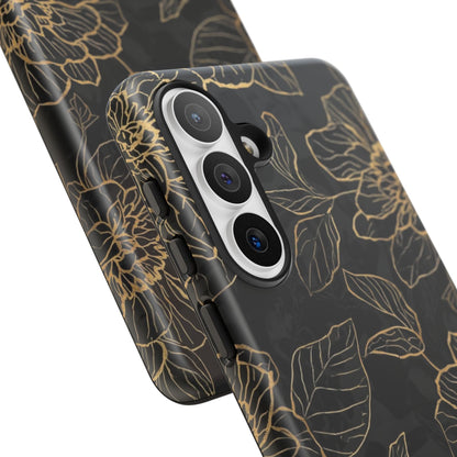 Floral Gold Outline Tough Phone Case – Black Botanical Protective Cover