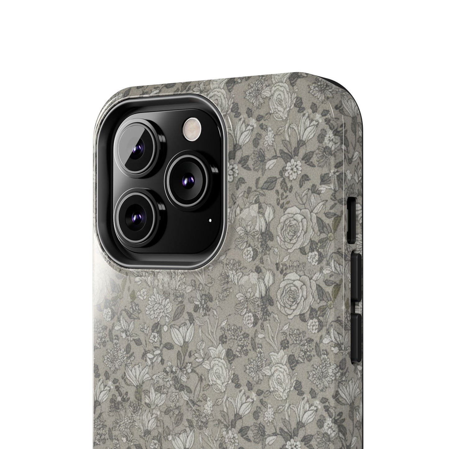 Gray Floral Tough Phone Case — Durable Protective Phone Cover with Vintage Botanical Pattern