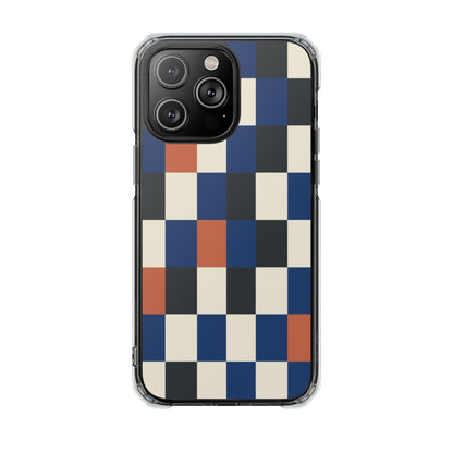 Clear Magnetic Phone Case — Retro Checkerboard Pattern (Blue, Black & Rust)