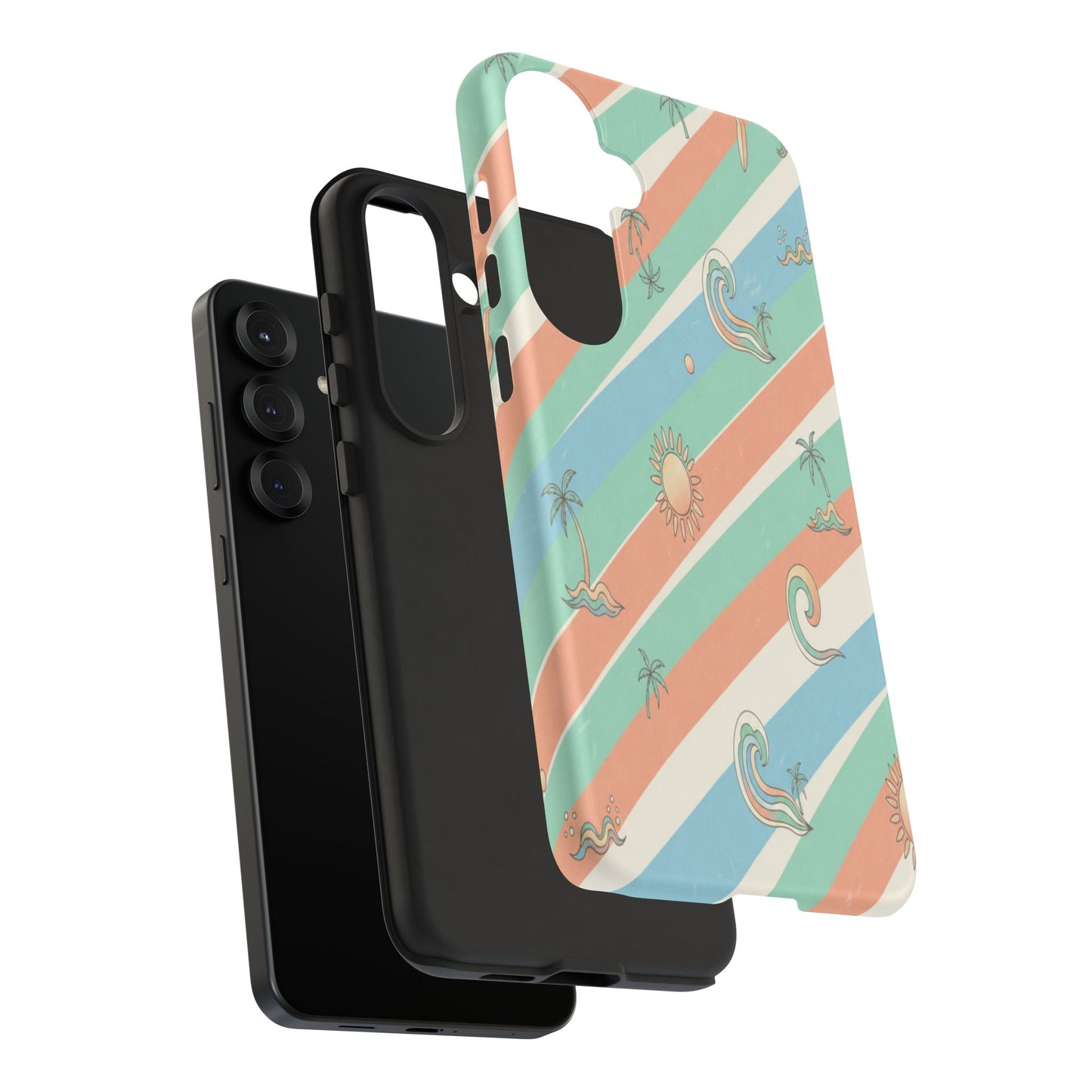 Retro Beach Stripes Phone Case — Sun, Waves & Palm Pattern Tough Case