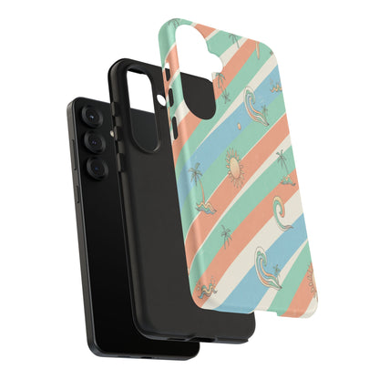 Retro Beach Stripes Phone Case — Sun, Waves & Palm Pattern Tough Case