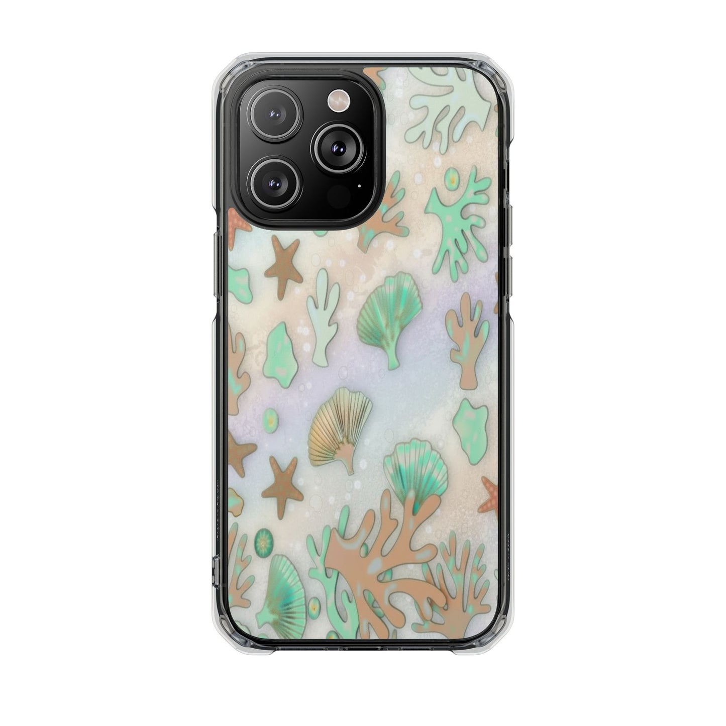 Clear Magnetic Phone Case — Iridescent Ocean Shells & Coral Design
