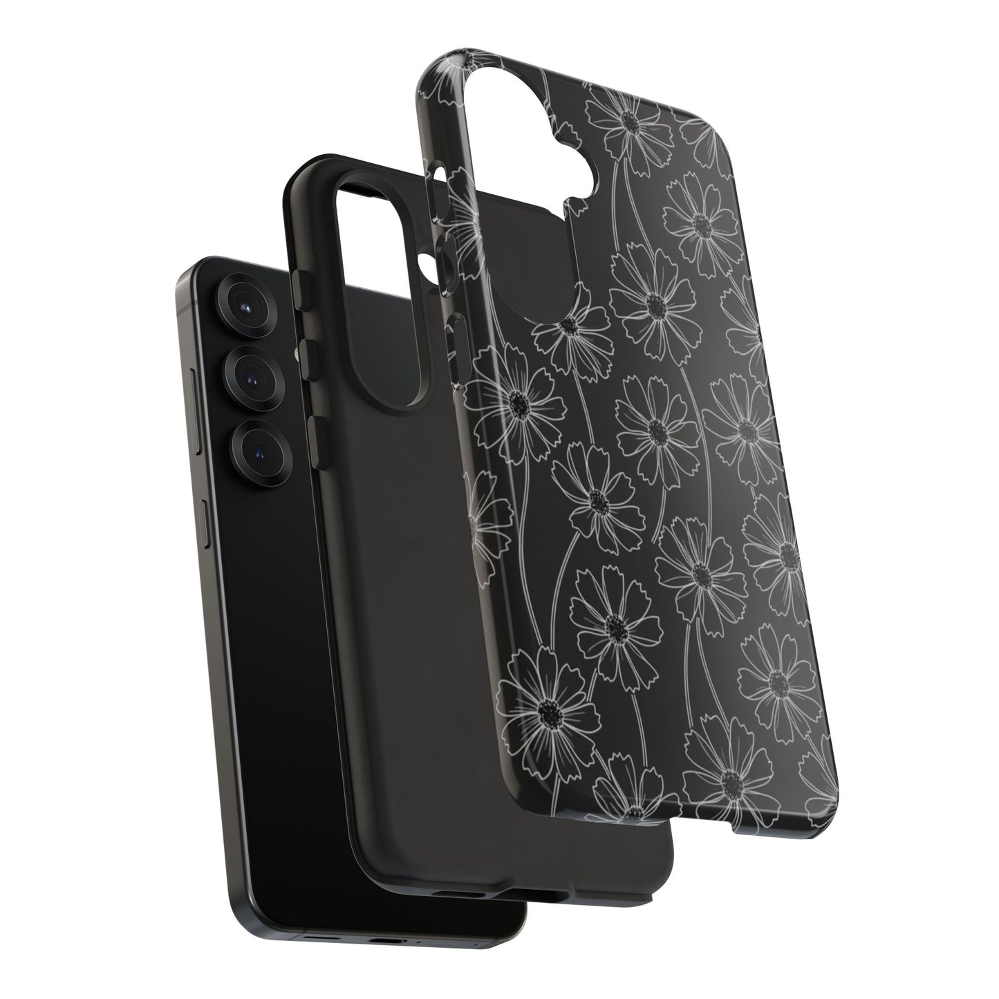 Floral Doodle Tough Phone Case — Black & Gray Daisy Pattern